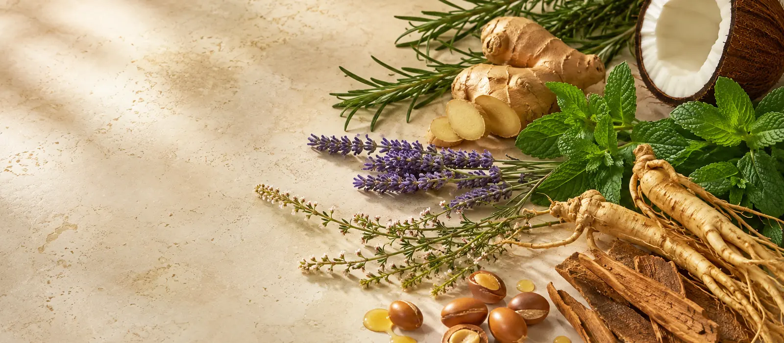 Natural hair care ingredients including botanical oils and herbs selected for PURC routines