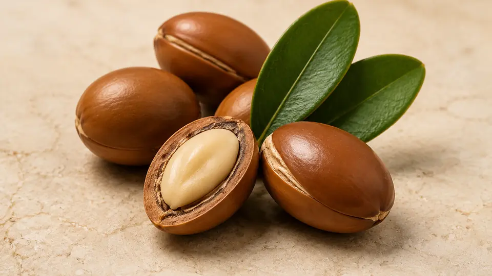 Argan nuts and leaves representing argan oil hair care