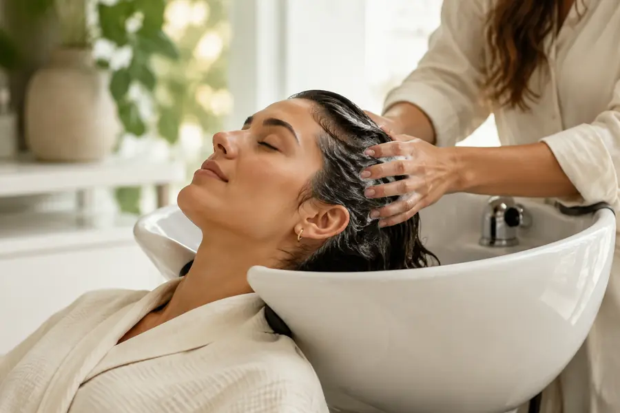 Professional hair wash and scalp cleanse at a salon basin