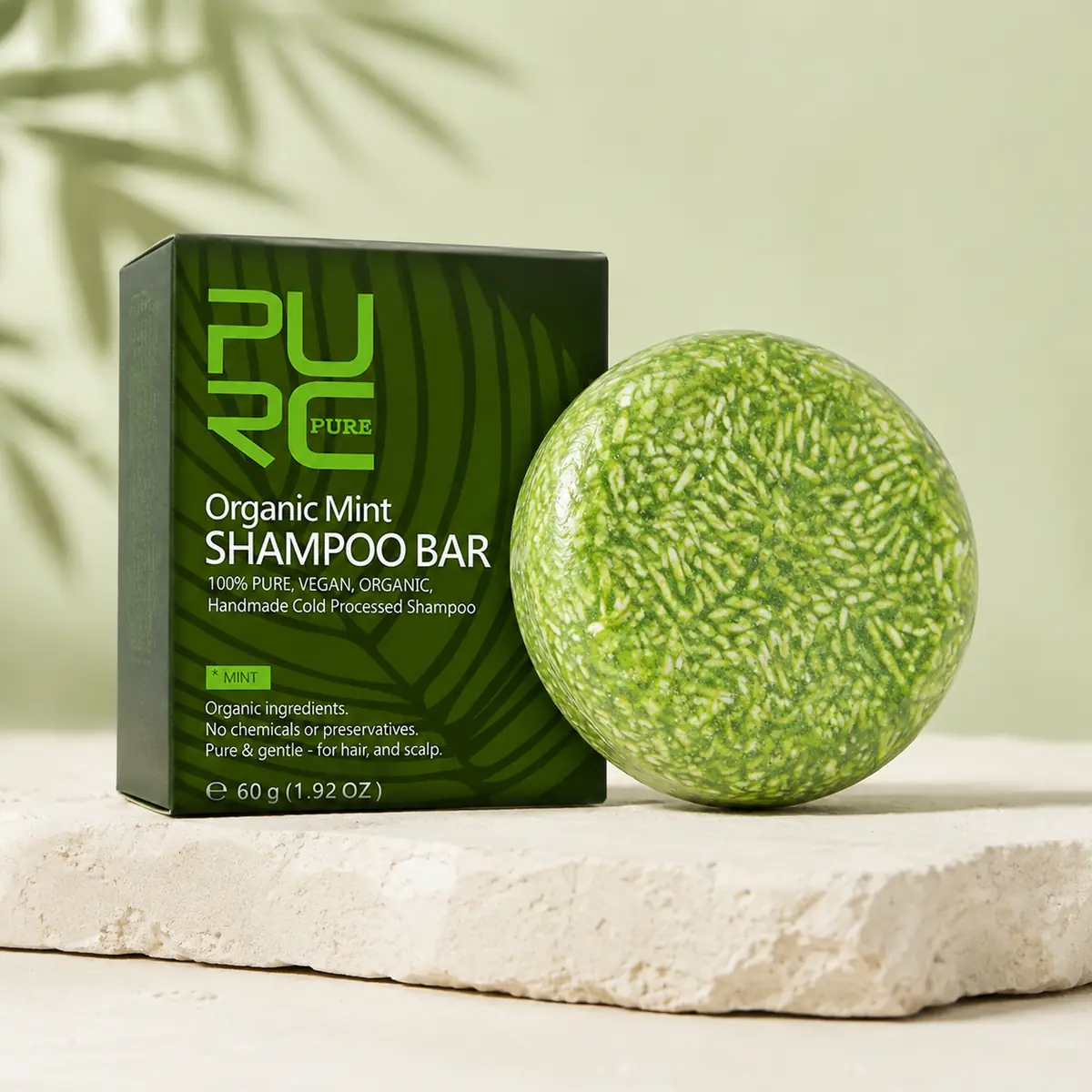 Green PURC shampoo bar with natural mint hair care formula