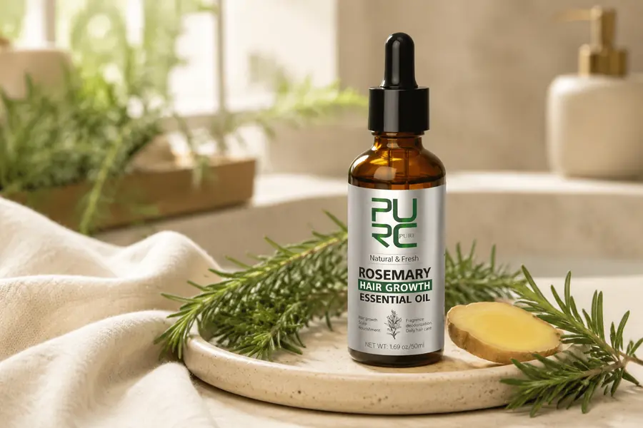 PURC rosemary hair oil styled with fresh rosemary
