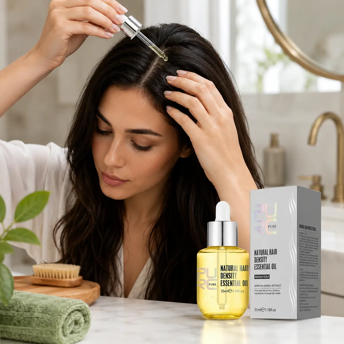 Applying PURC Natural Hair Density Essential Oil to the scalp