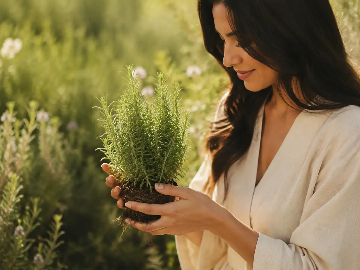 Woman holding rosemary as part of a thoughtful botanical hair care routine