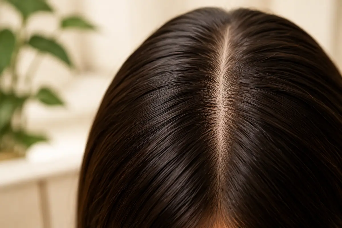 Healthy-looking dark hair with a clean visible scalp parting