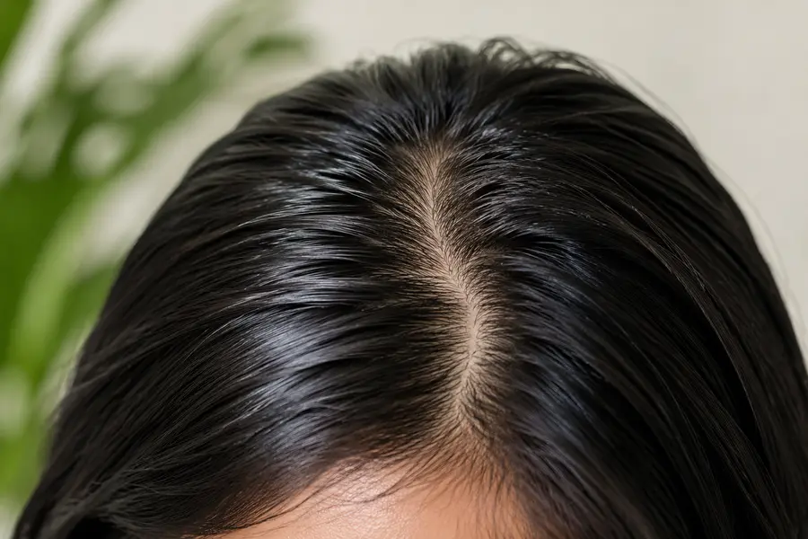 Close-up of oily and congested-looking hair roots