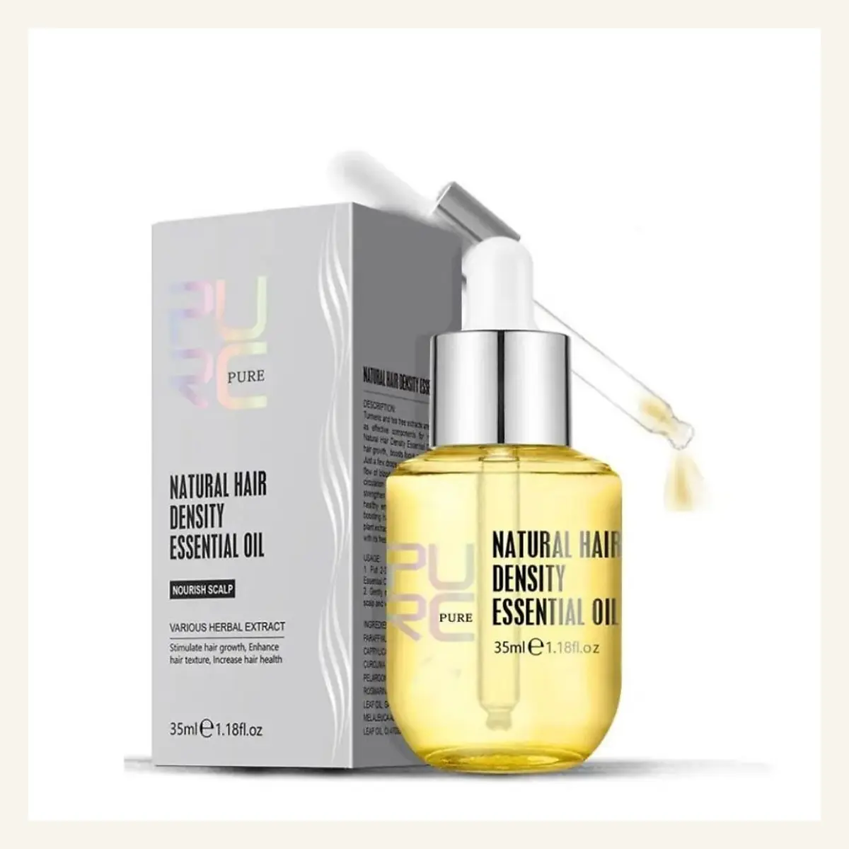 Real PURC Natural Hair Density Essential Oil dropper bottle and packaging