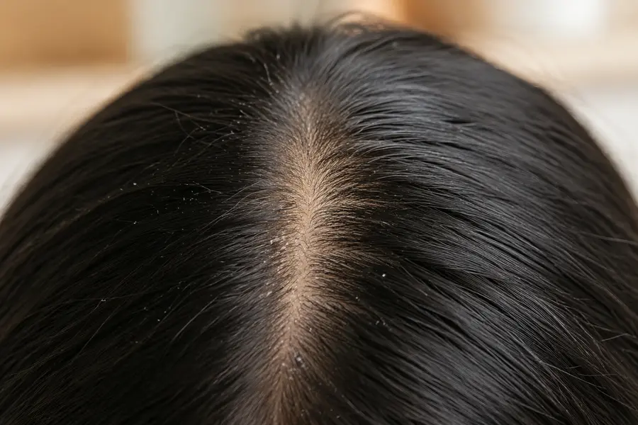 Close-up of dry flaky-feeling scalp and dark hair