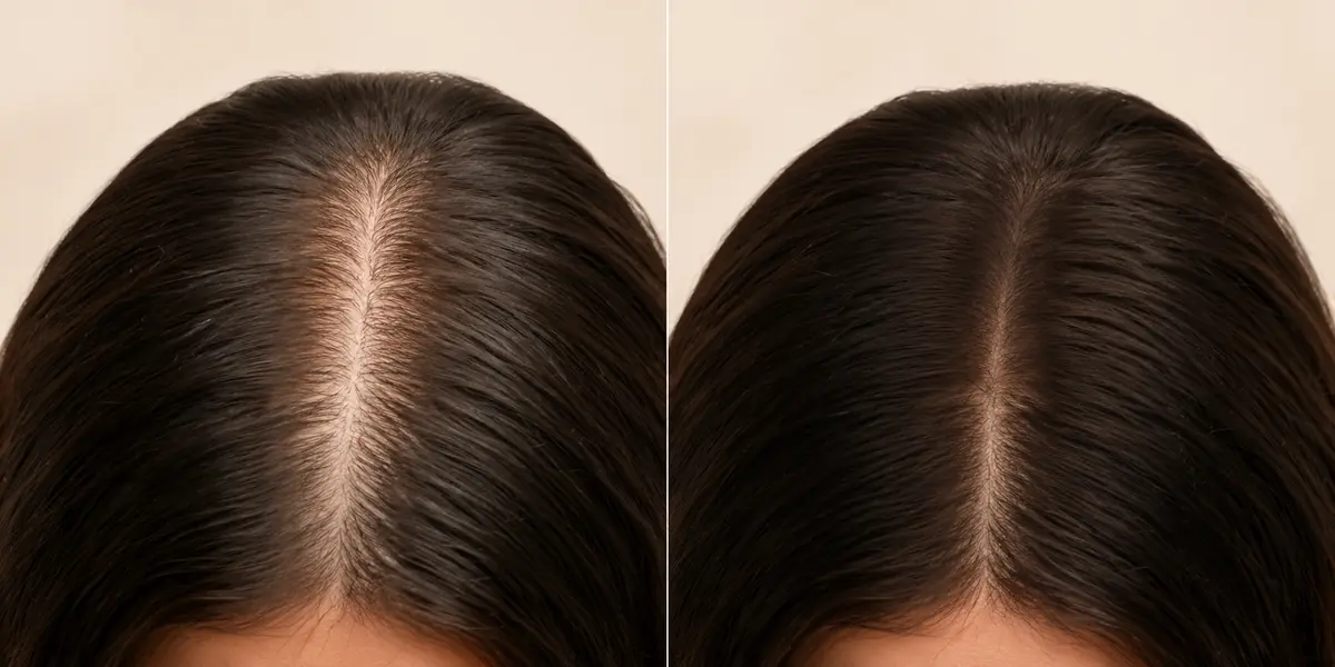 Illustrative hair part comparison showing a fuller-looking hair goal