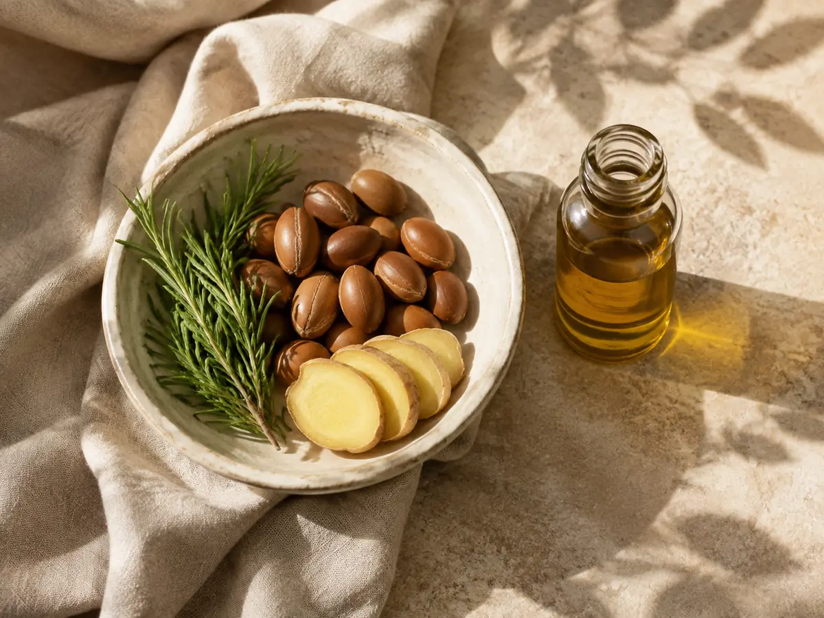 Rosemary ginger argan nuts and botanical oil illustrating ingredient transparency