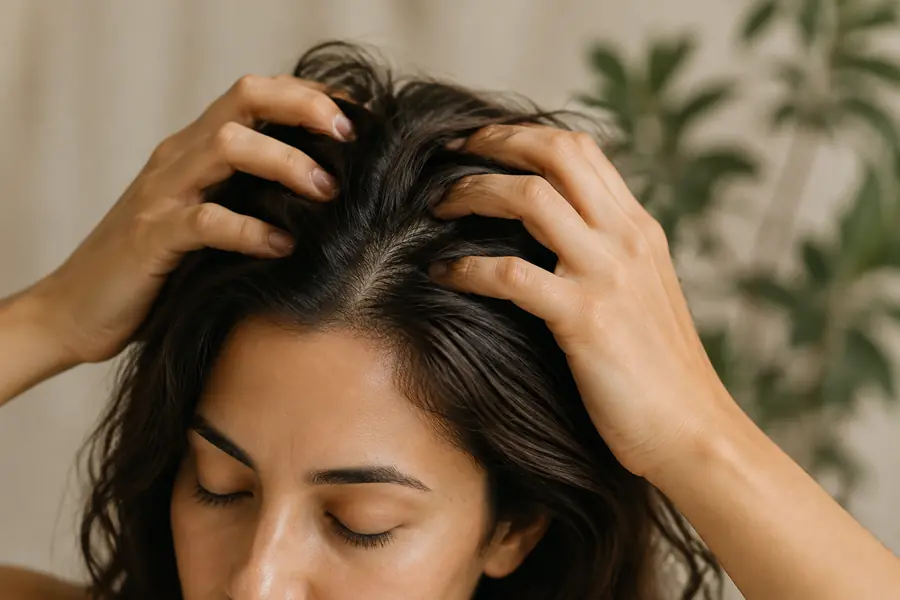 Woman massaging her scalp as part of a healthy hair care routine