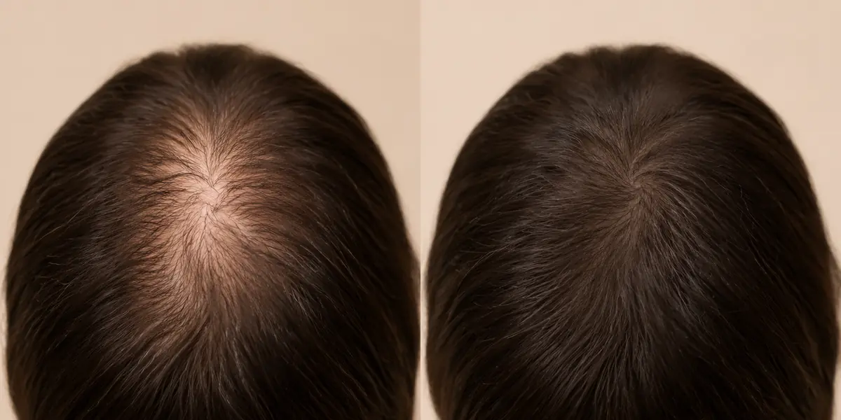 Illustrative crown comparison representing a denser-looking hair goal