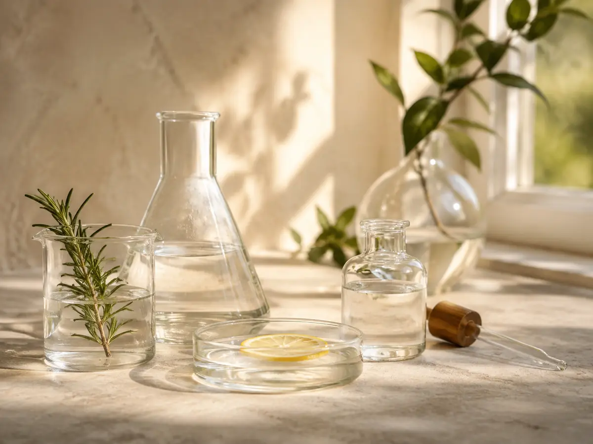 Clear glass vessels and rosemary representing purpose-led product selection