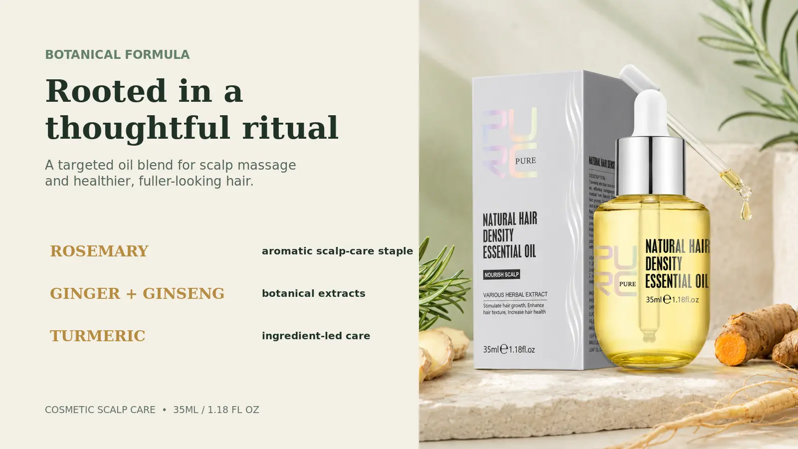 PURC hair density oil formula with rosemary ginger ginseng and turmeric