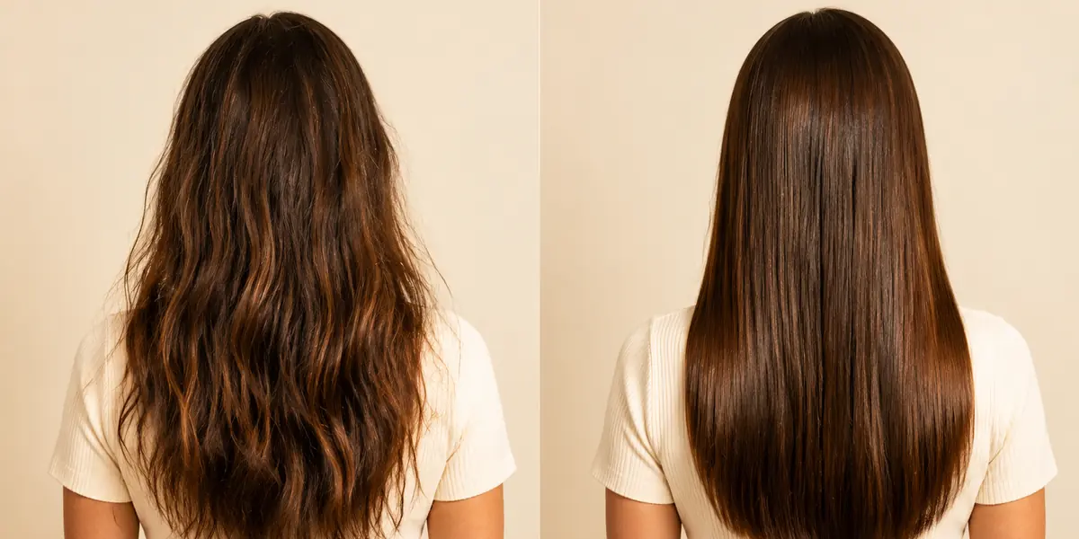Illustrative comparison of frizzy hair and a smoother shinier hair goal