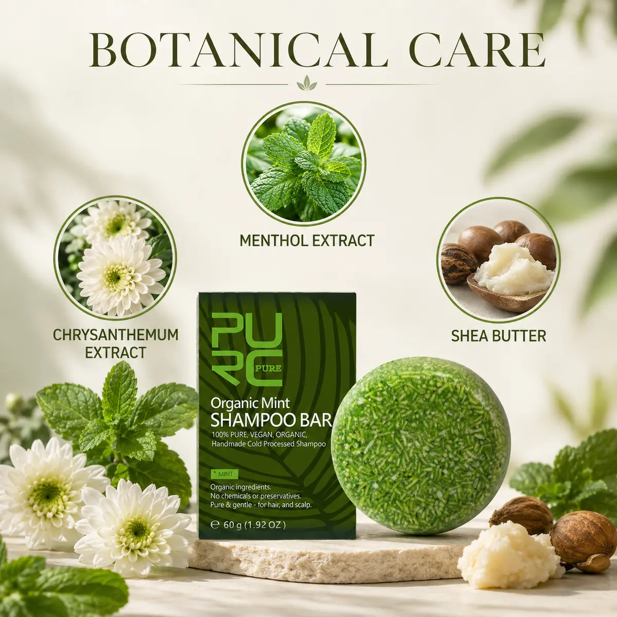 PURC Mint Shampoo Bar menthol chrysanthemum and shea butter ingredients
