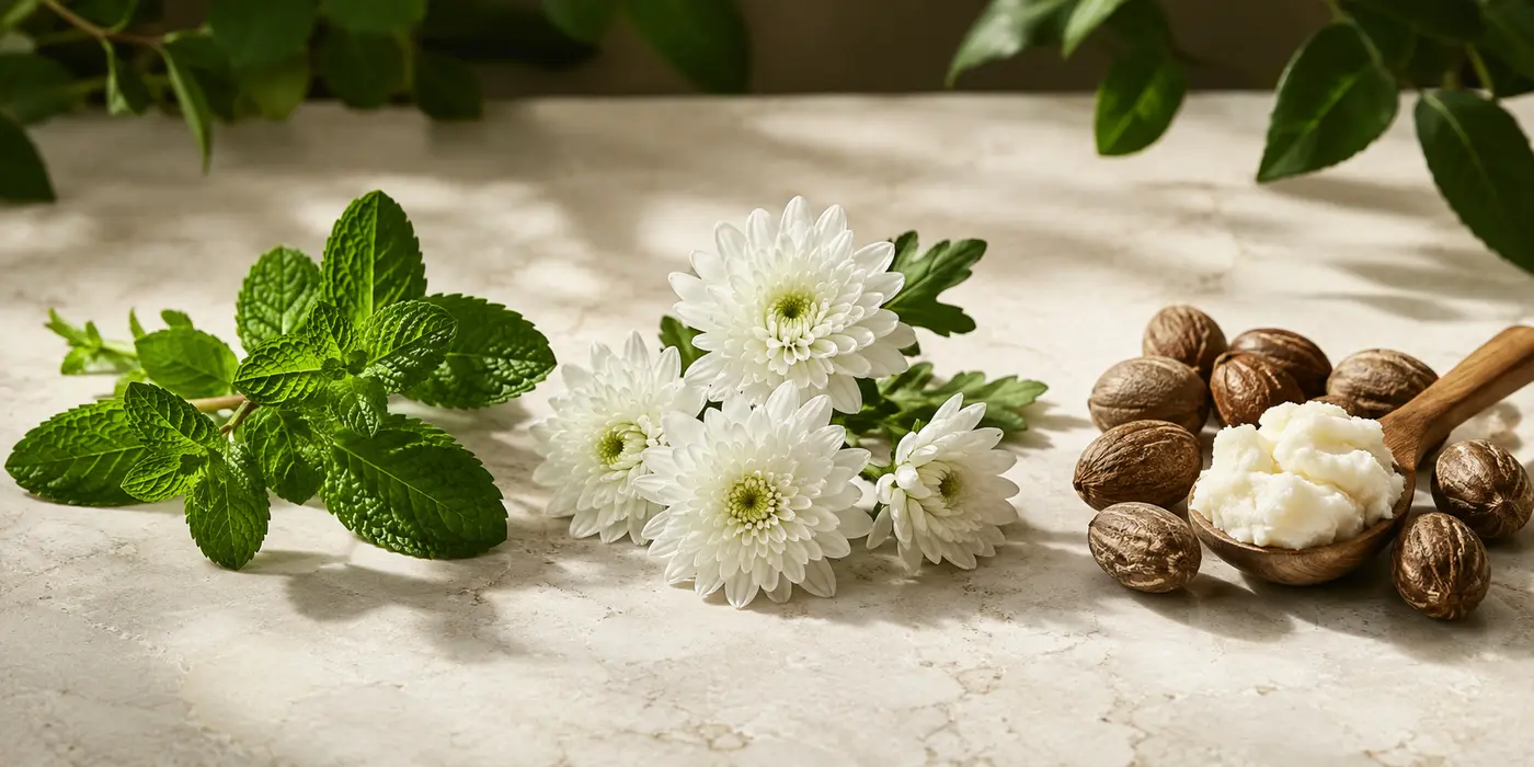 Mint leaves, white chrysanthemum flowers and shea butter ingredients