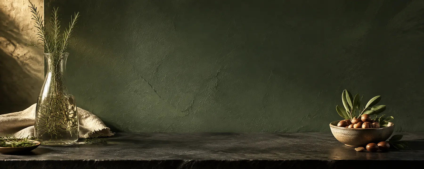 Botanical PURC hair care ingredients arranged on a forest green background