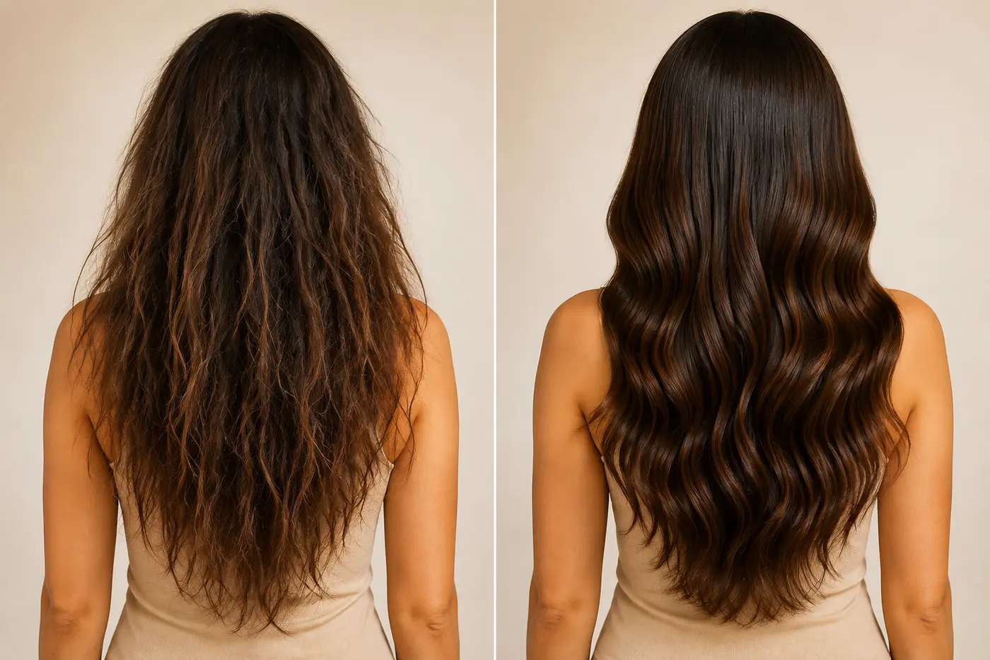 Dry and frizzy hair before and after illustrative routine comparison