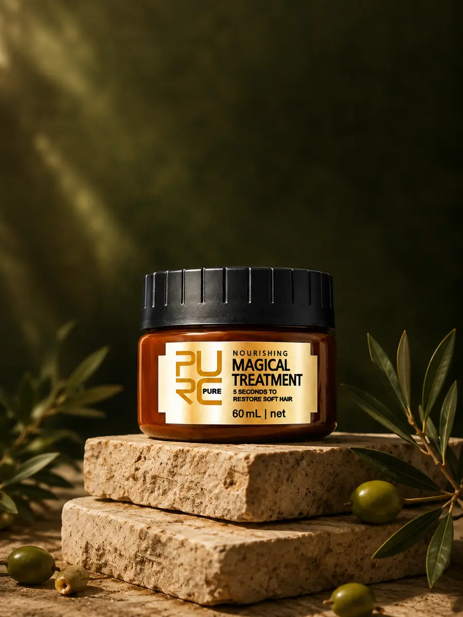 PURC Magical Treatment Hair Mask displayed on warm stone