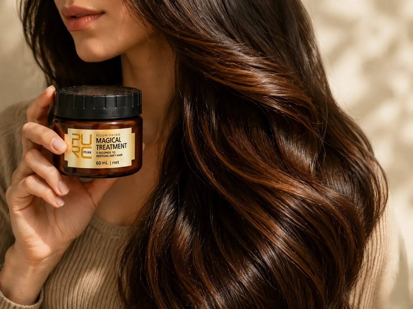 Woman with healthy-looking glossy hair holding a PURC hair treatment mask