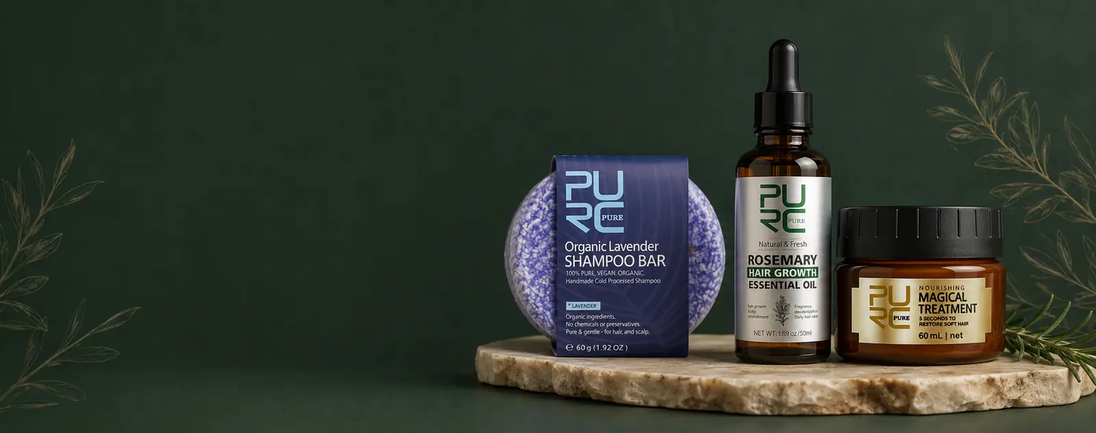 PURC hair growth routine with rosemary scalp oil, shampoo bar and treatment mask