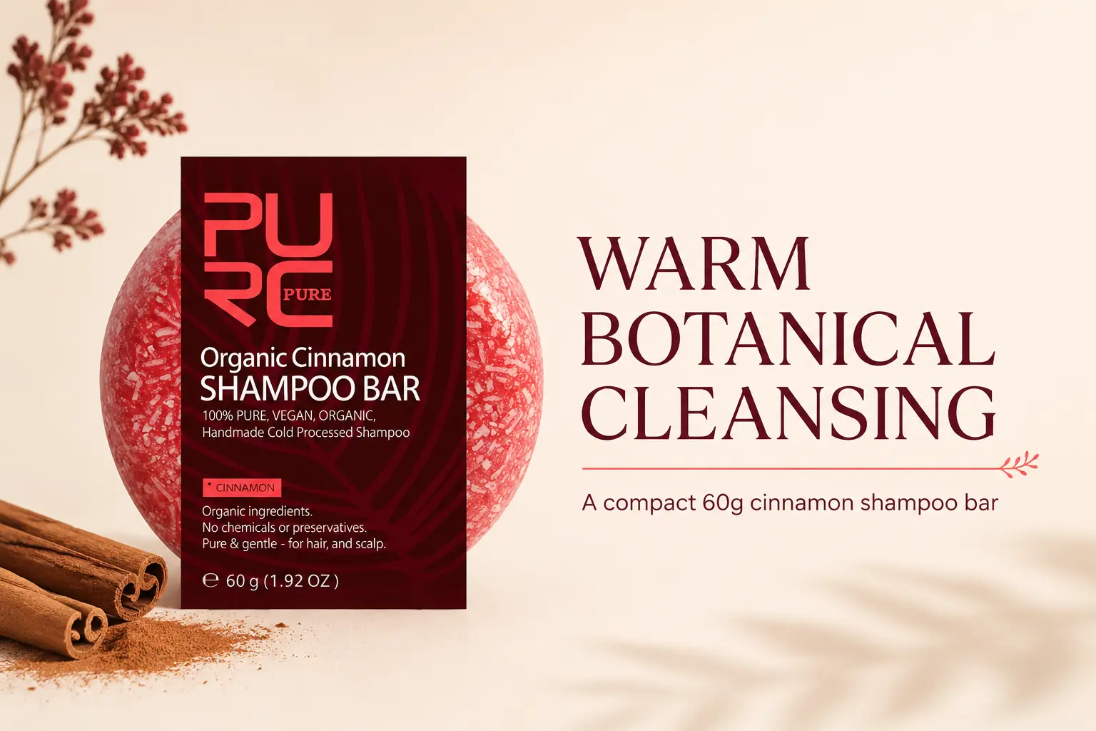 PURC Cinnamon shampoo bar botanical cleansing overview