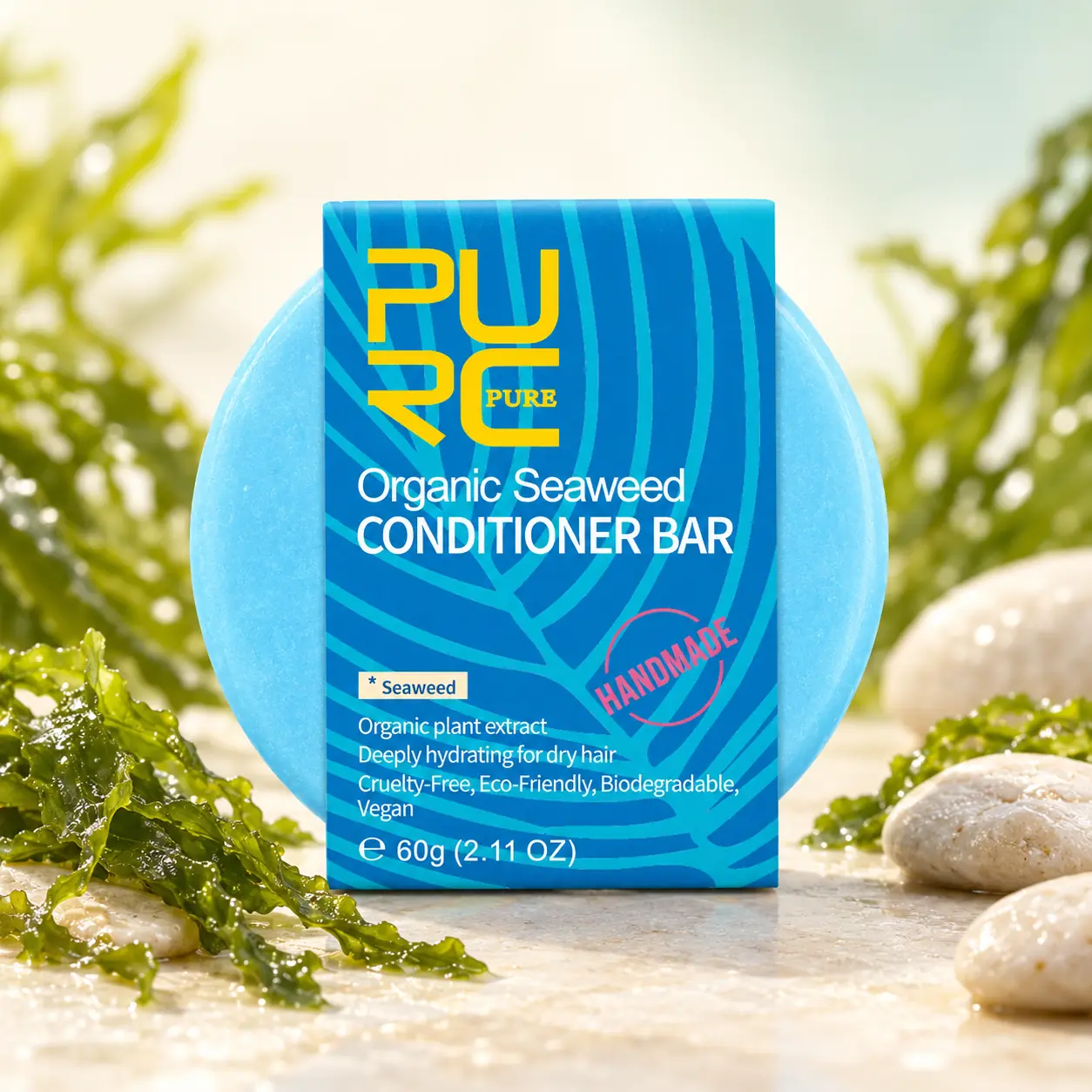 PURC Bio Seaweed Conditioner Bar 60g with aqua bar and blue botanical packaging