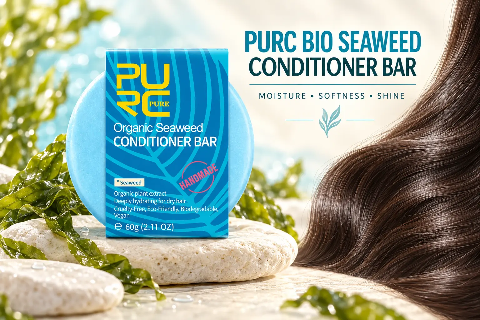 PURC Bio Seaweed Conditioner Bar for moisture softness and natural-looking shine