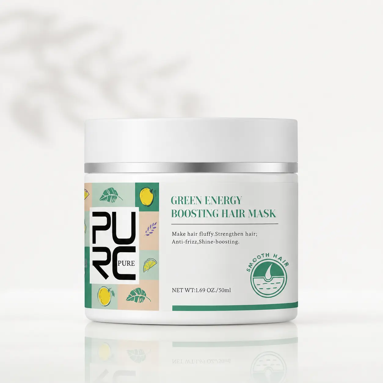 PURC Green Energy Boosting Hair Mask 50ml white jar with botanical label
