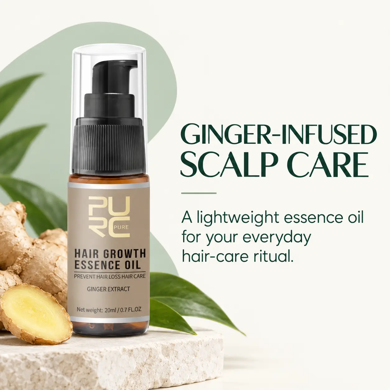 PURC ginger-infused scalp care overview featuring Hair Growth Essence Oil