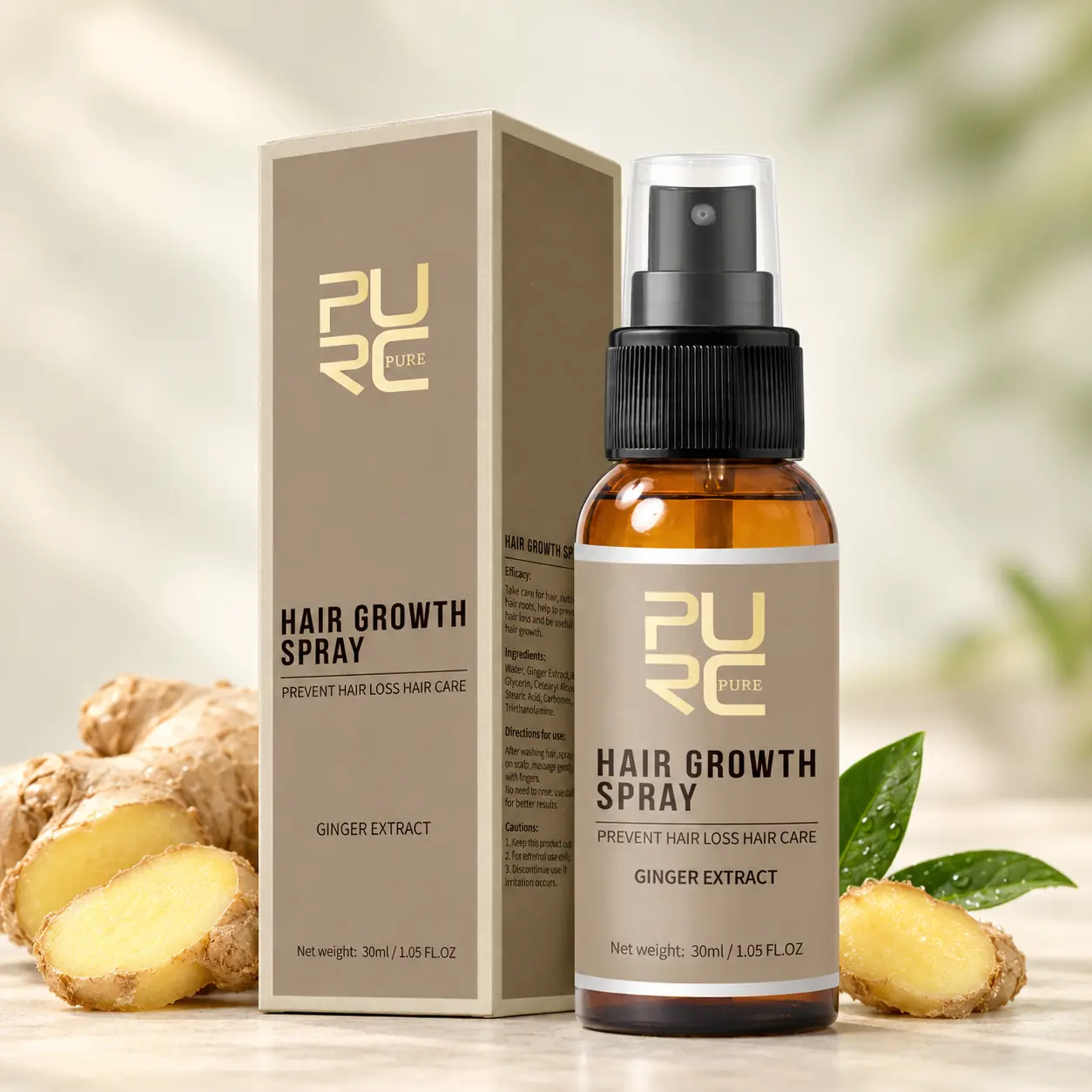 PURC Hair Growth Spray 30ml bottle and box with fresh ginger extract