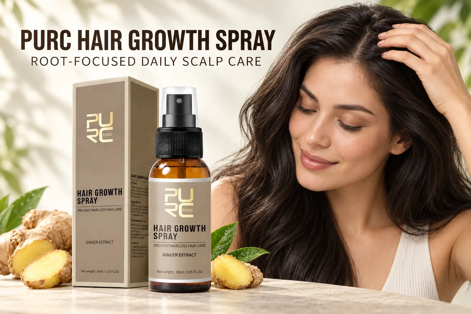 PURC Hair Growth Spray root-focused daily scalp care overview with product and model