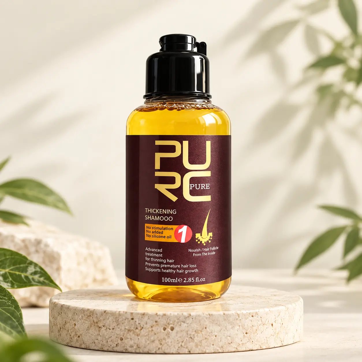 PURC Herbal Ginseng Hair Growth Shampoo 100ml amber bottle with burgundy and gold label