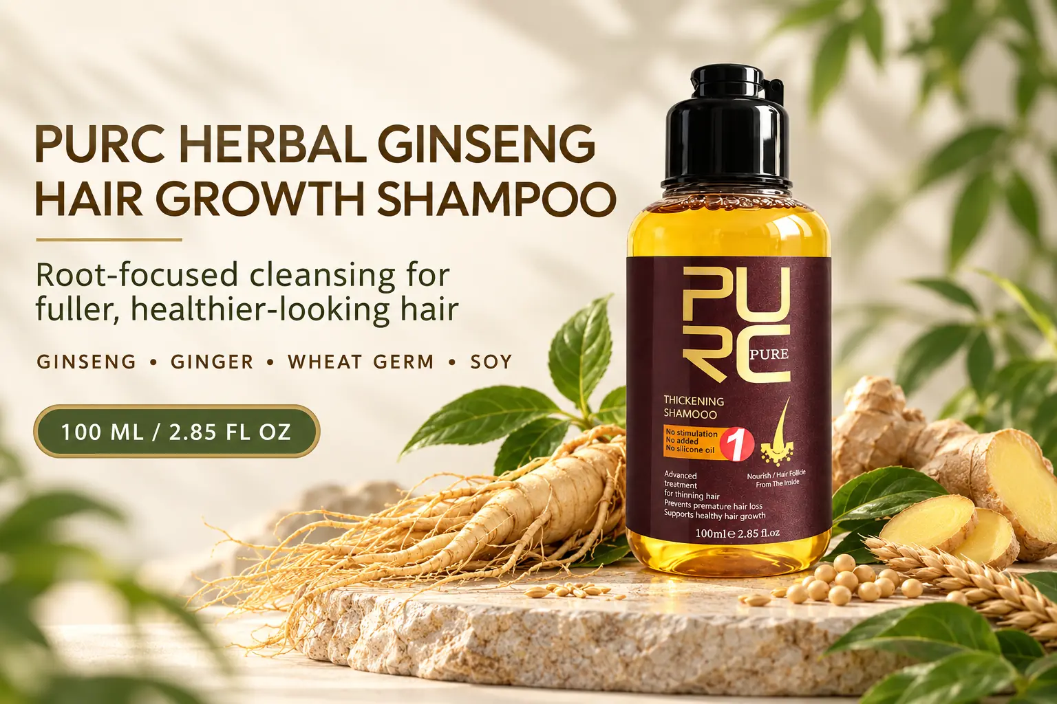 PURC Herbal Ginseng Hair Growth Shampoo root-focused cleansing overview with 100ml bottle