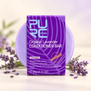 PURC Lavender Conditioner Bar 60g with purple botanical packaging and lavender bar