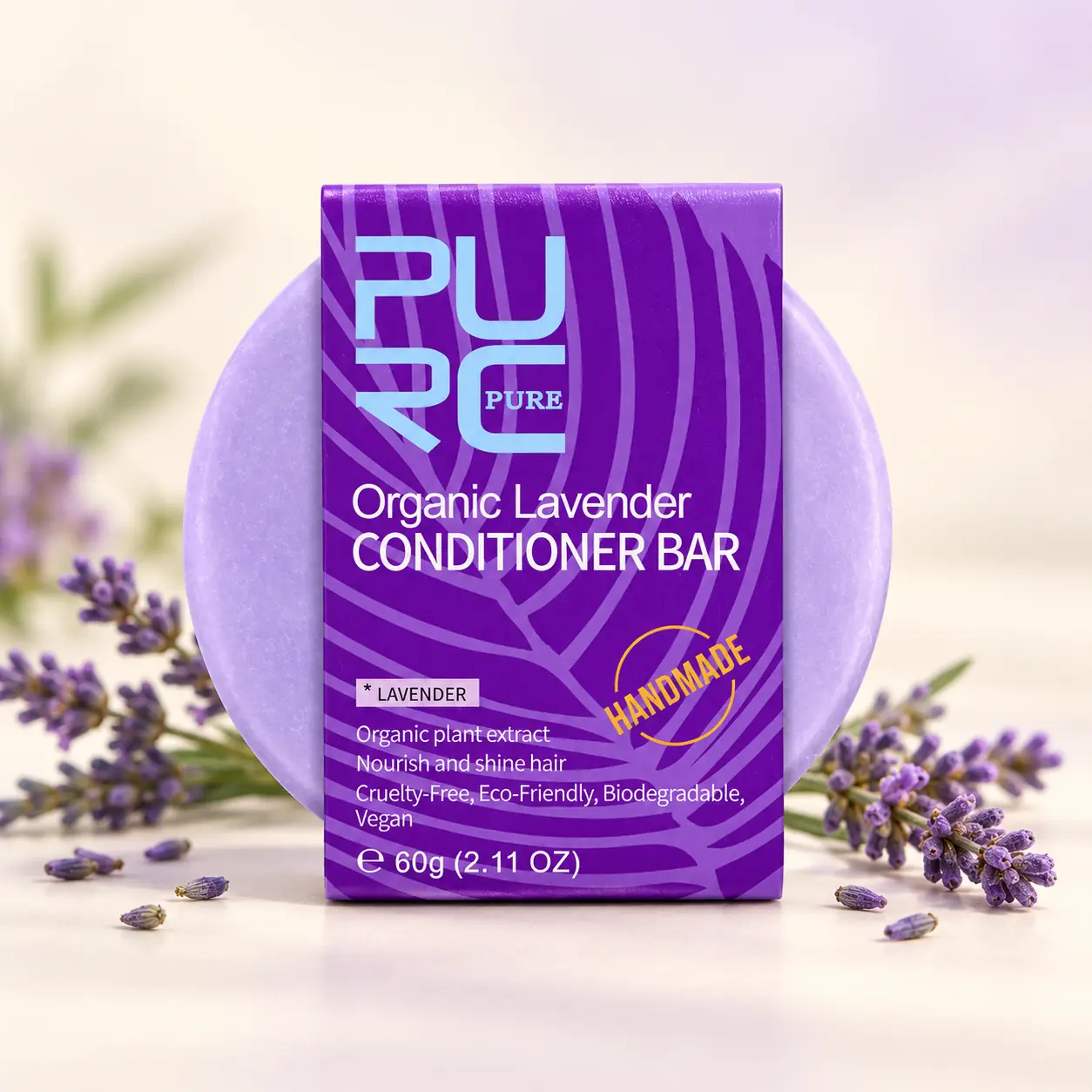 PURC Lavender Conditioner Bar 60g with purple botanical packaging and lavender bar