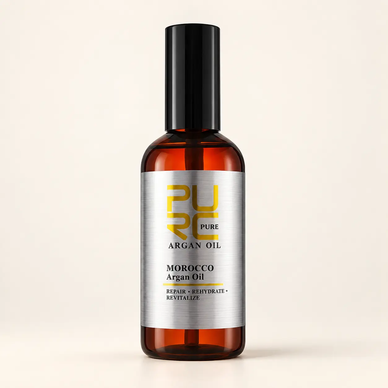 PURC Moroccan Argan Hair Oil bottle on a warm ivory background