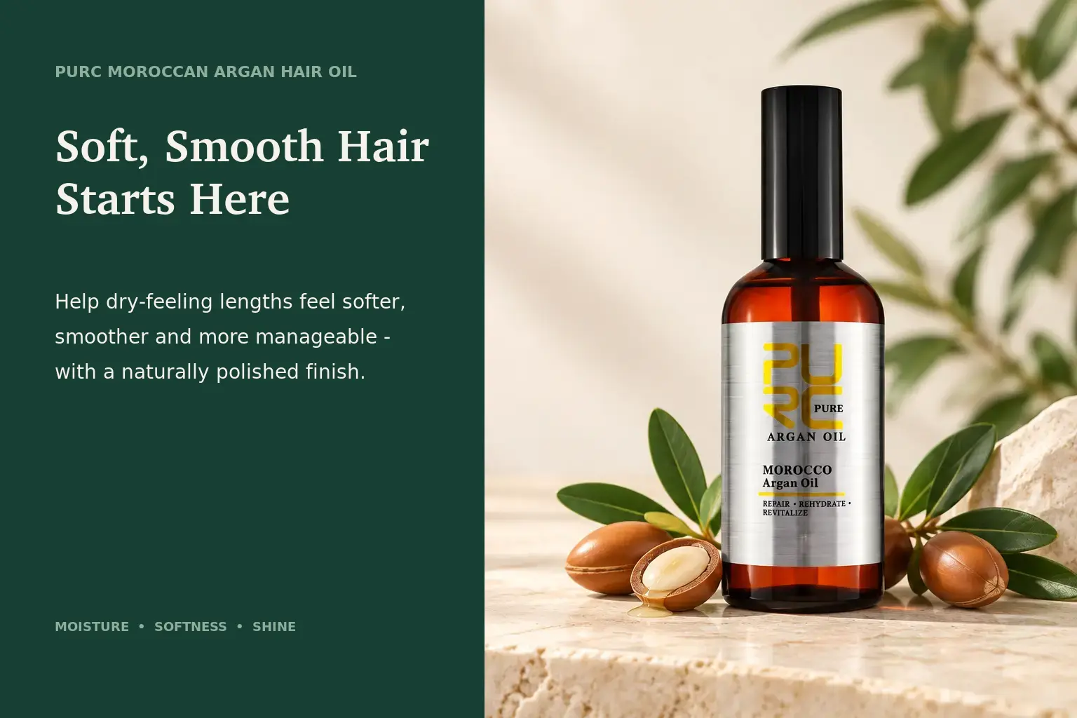 PURC Moroccan Argan Hair Oil overview banner with argan fruits and Soft Smooth Hair Starts Here message