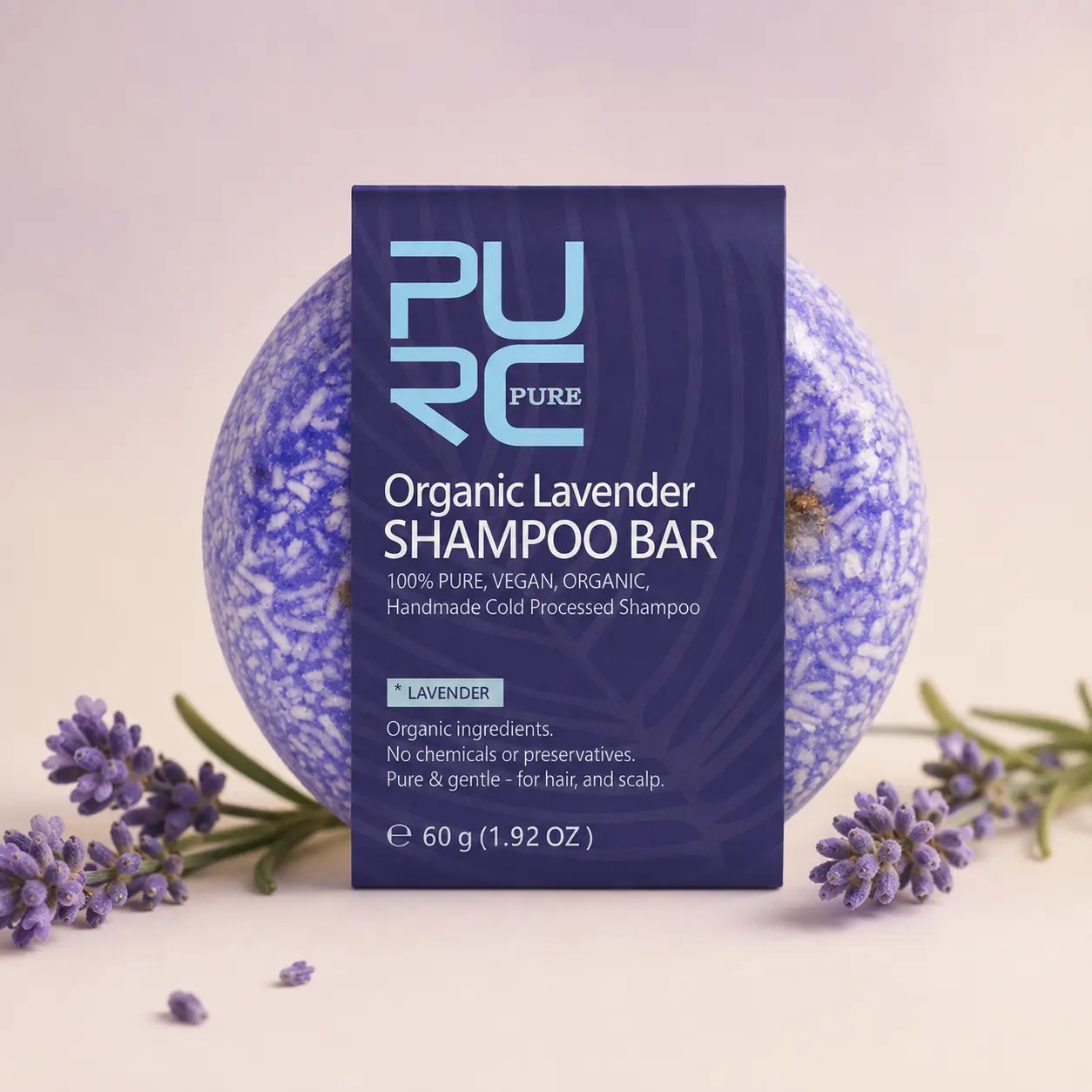 PURC Organic Lavender Shampoo Bar 60g with purple solid shampoo bar