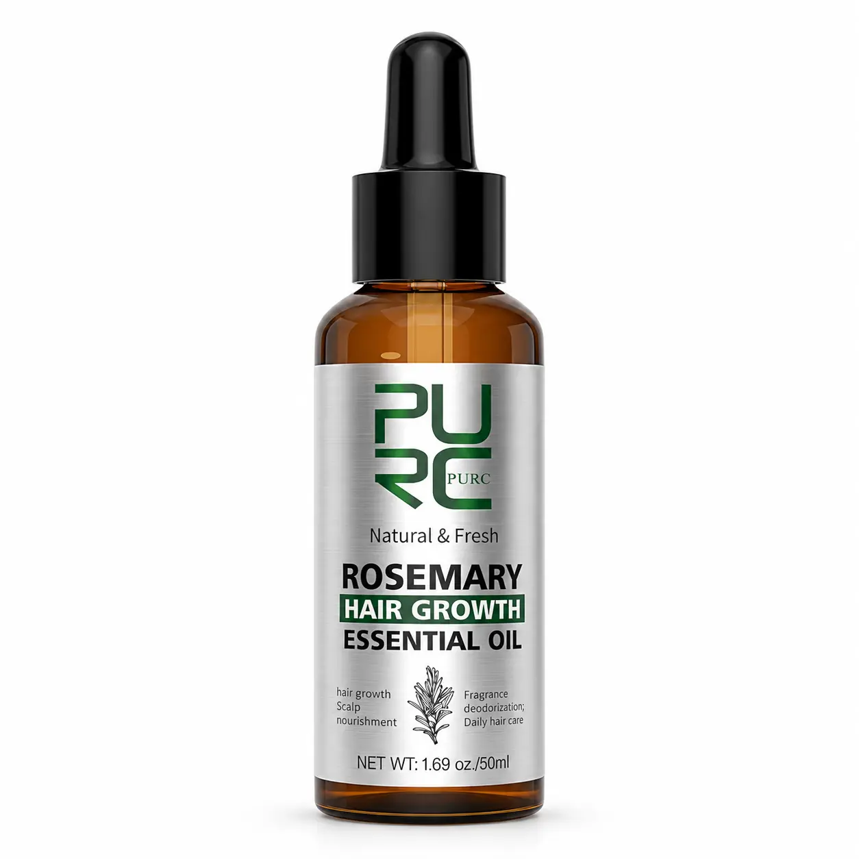 PURC Rosemary Hair Growth Essential Oil 50 ml amber dropper bottle on a white background