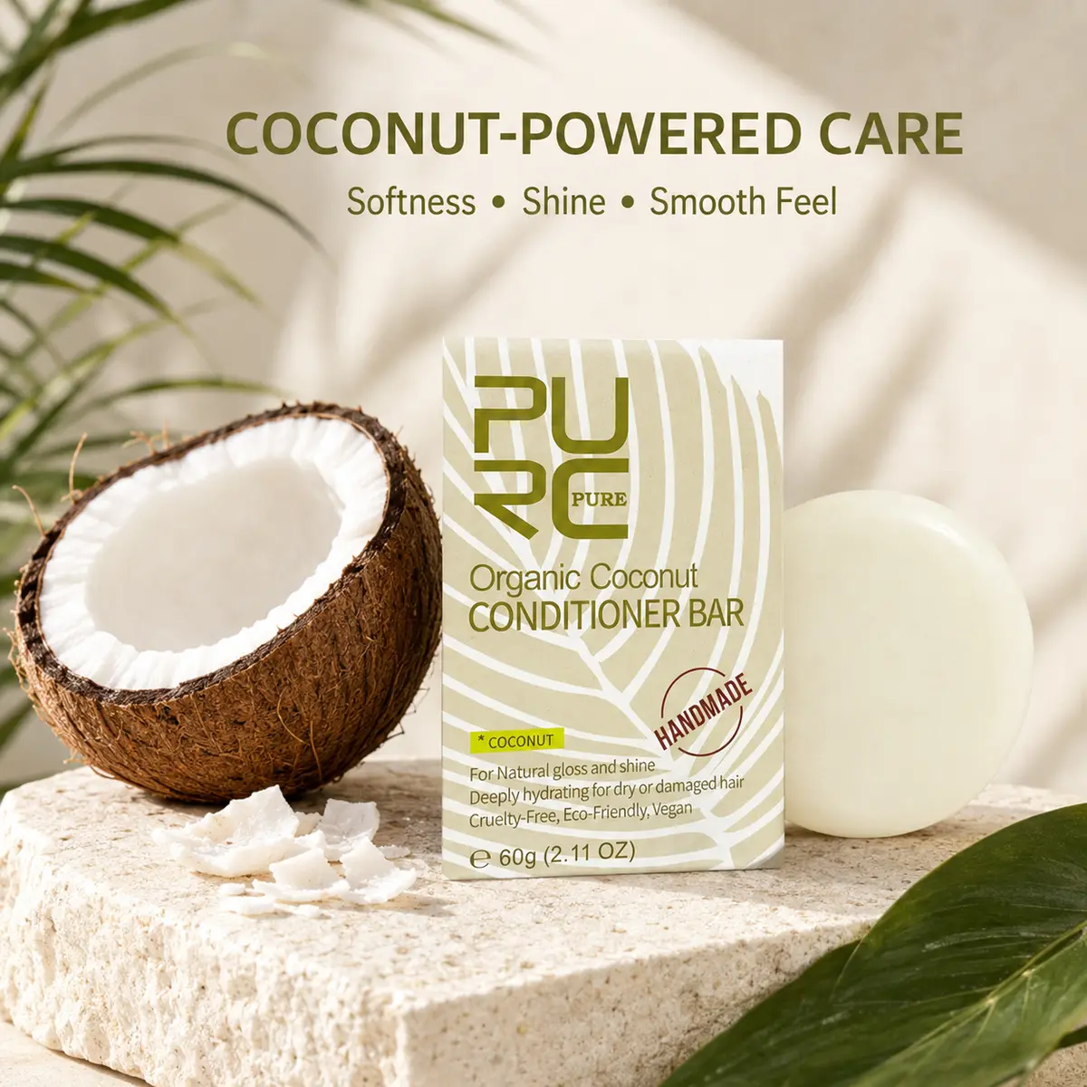 PURC coconut conditioner bar with fresh coconut and botanical leaves