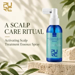 PURC Activating Scalp Treatment Essence Spray on a stone display with scalp care ritual text