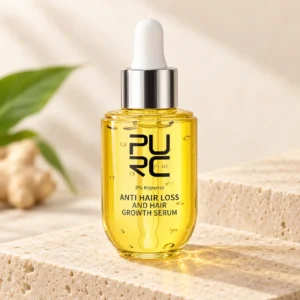 Three-quarter view of PURC Anti Hair Loss and Hair Growth Serum on an ivory stone display
