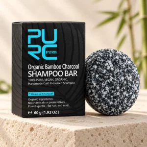 PURC Bamboo Charcoal Shampoo Bar premium angle showing black box and solid bar
