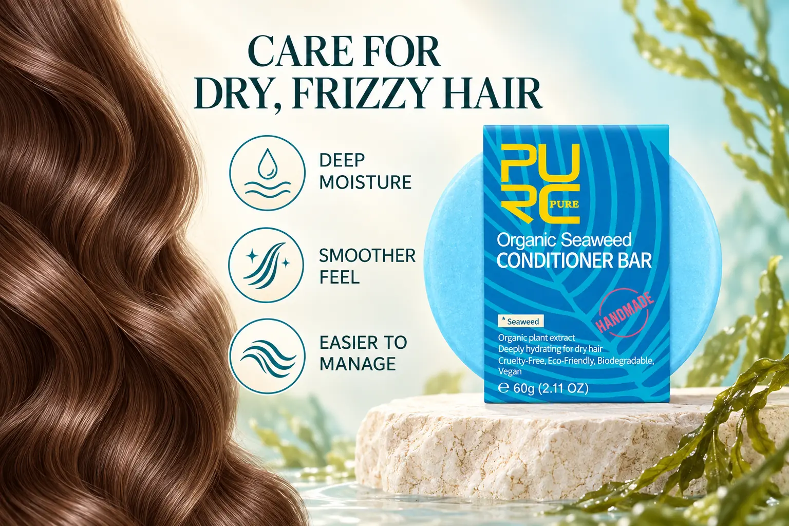 PURC Bio Seaweed Conditioner Bar care for dry frizzy and difficult-to-manage hair