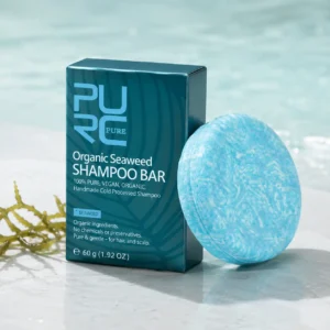 Three-quarter front view of PURC Bio Seaweed Shampoo Bar and its teal box