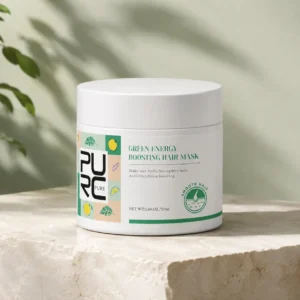 Three-quarter view of PURC Green Energy Boosting Hair Mask on an ivory stone display