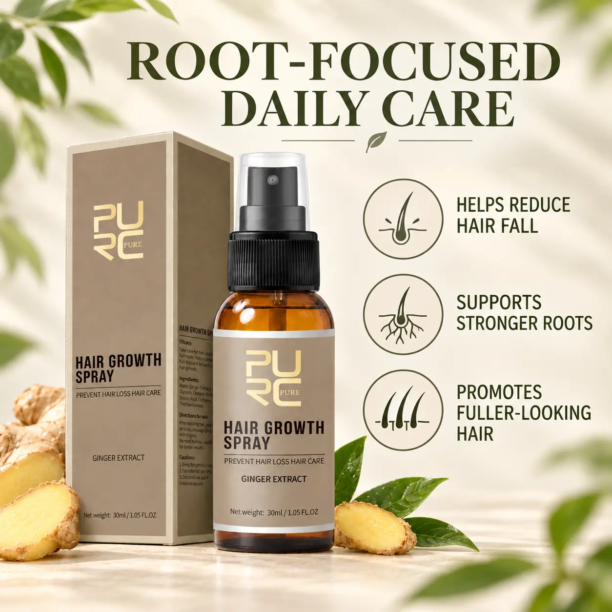 PURC Hair Growth Spray benefits for visible shedding stronger roots and fuller-looking hair