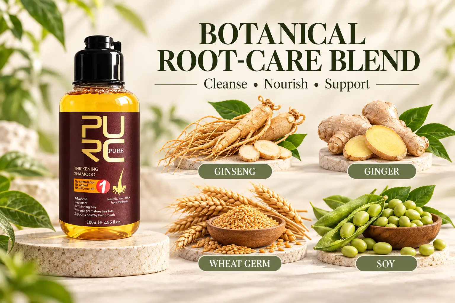 PURC Herbal Ginseng Hair Growth Shampoo botanical blend of ginseng ginger wheat germ and soy