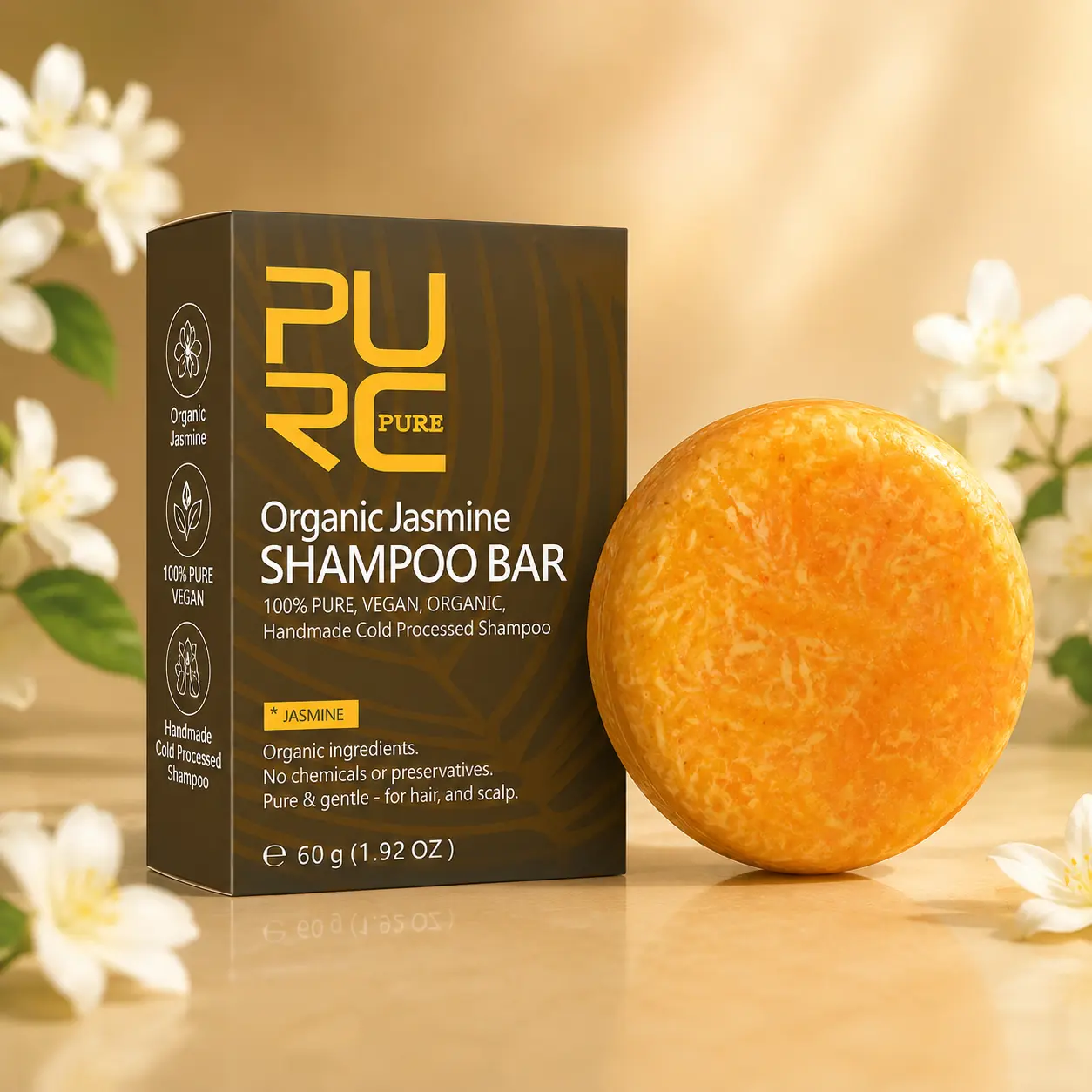 Front angle of PURC Organic Jasmine Shampoo Bar and packaging